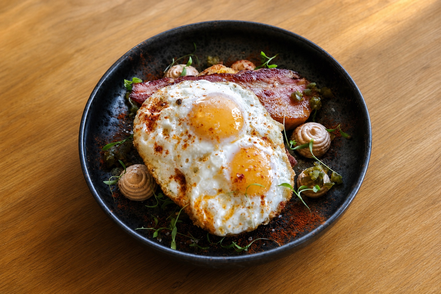 Sime's house-made cornbread with fried eggs, thick-cut bacon and jalapeño relish
