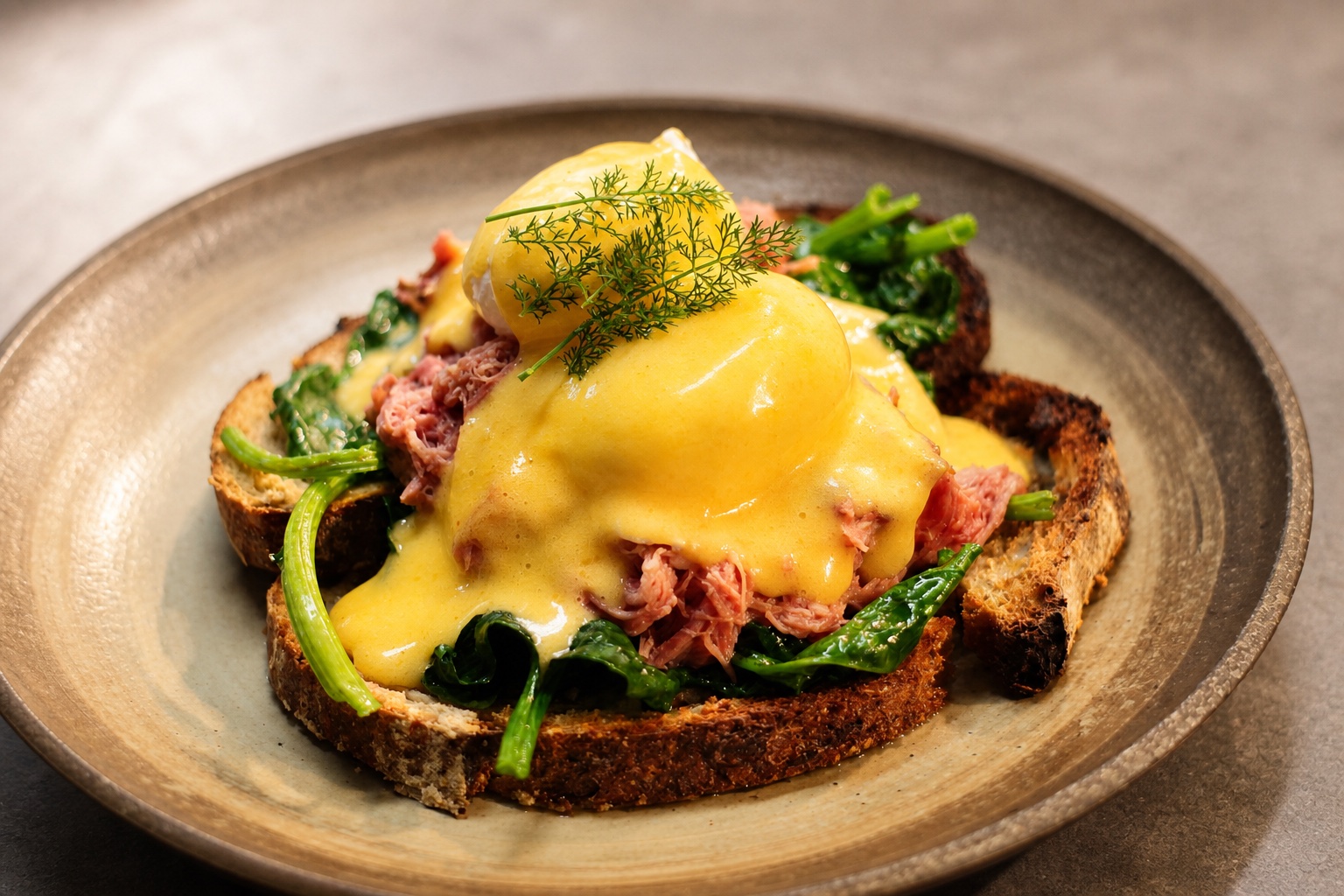 Sime's braised ham hock Benedict with poached eggs, spinach and hollandaise